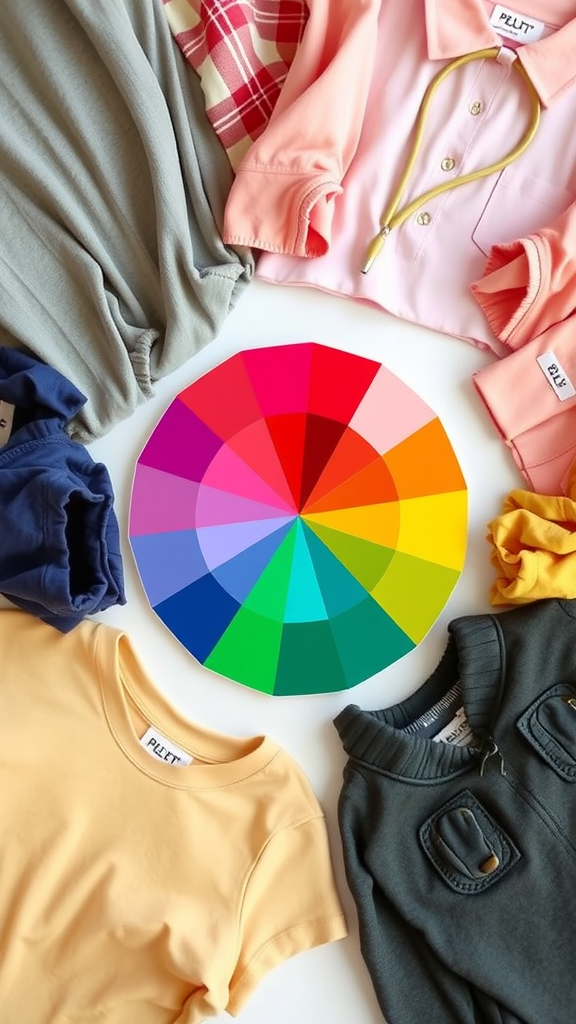 A color wheel surrounded by various colorful clothing items.