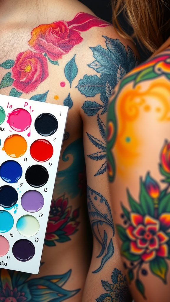 Colorful tattoos on two individuals with a paint palette showcasing various shades