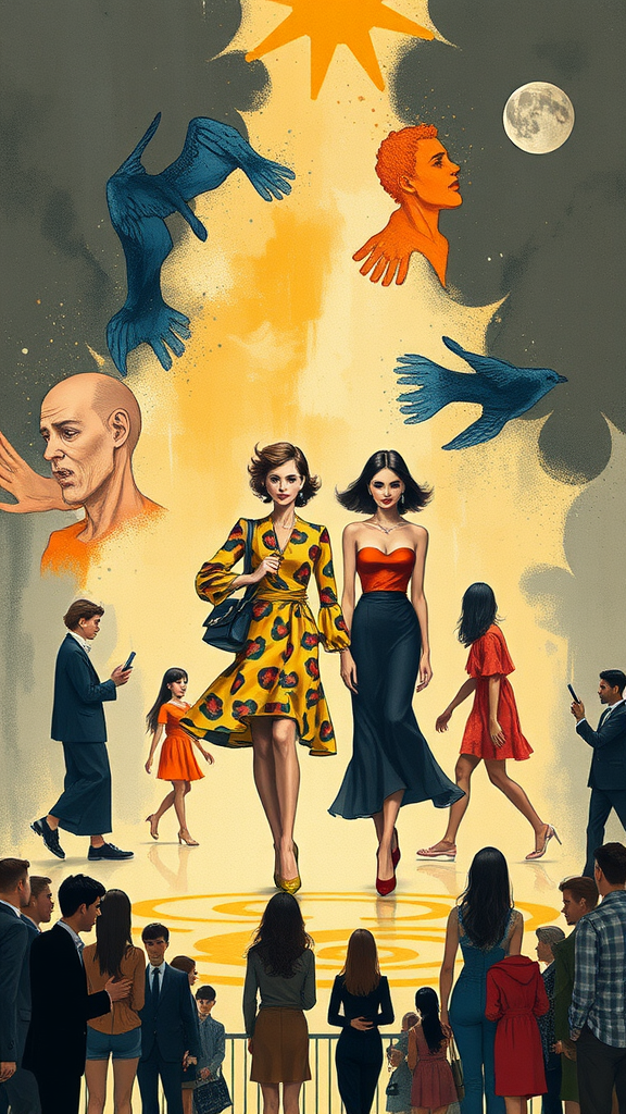 Illustration of diverse people in fashionable outfits, showcasing the impact of fashion on identity and society.
