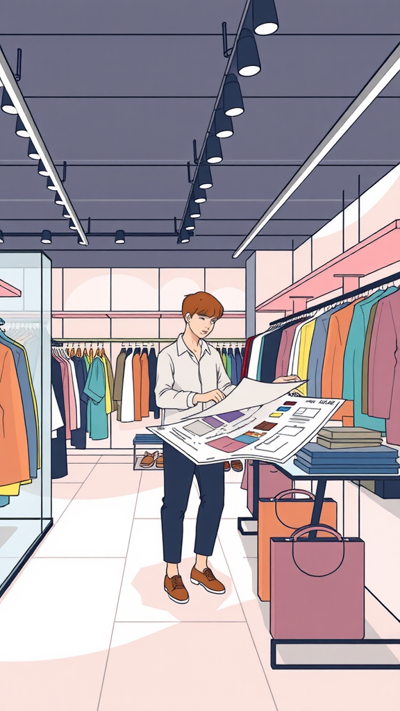 A person in a clothing store reviewing a colorful clothing layout.