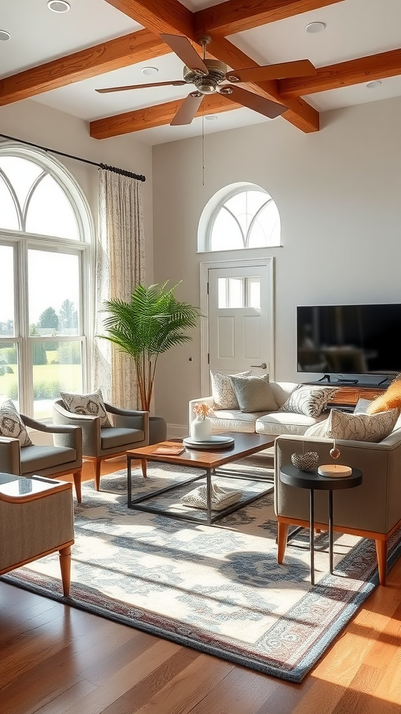 A cozy living room with a stylish rug, comfortable seating, and large windows.