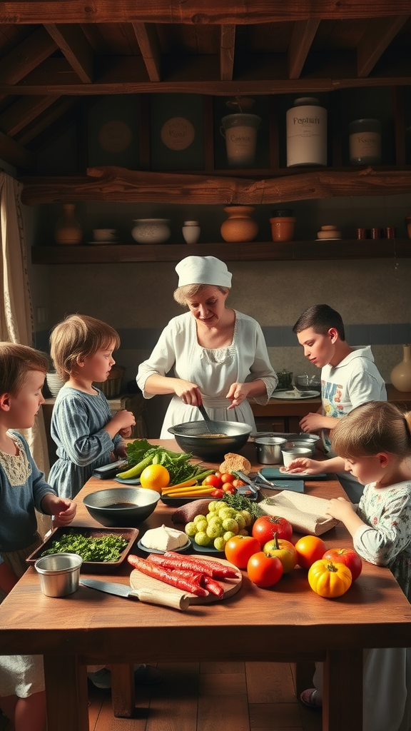 A woman cooking in a colonial kitchen with children helping, surrounded by fresh vegetables and kitchen tools.