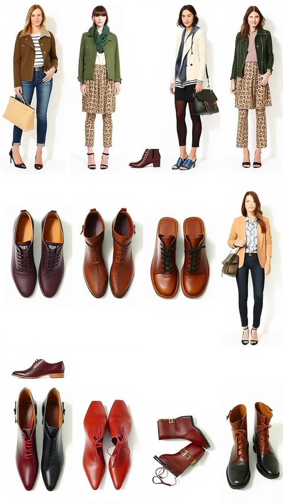 A variety of stylish footwear paired with fashionable outfits.