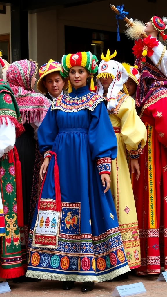 A group of individuals wearing colorful traditional dresses, with a central figure in a blue gown adorned with intricate patterns.