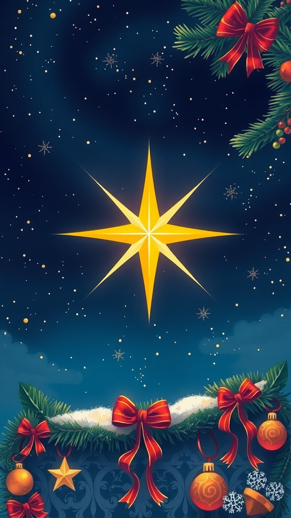 A bright star in a dark sky surrounded by Christmas decorations and snowflakes.