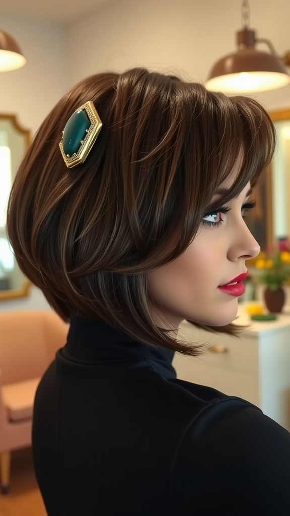 A woman with a stylish bob cut, featuring a decorative hair clip.