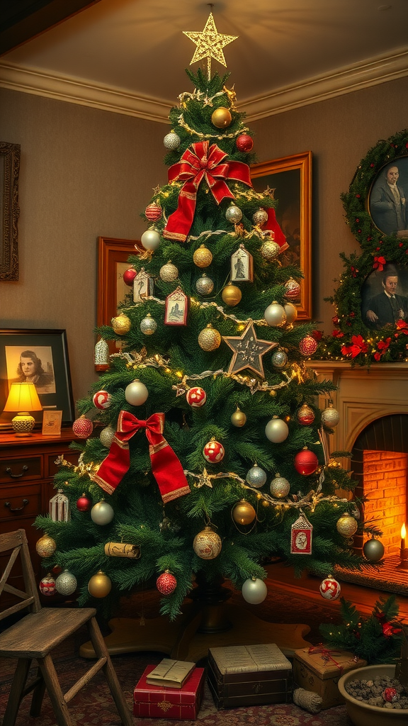 A beautifully decorated Christmas tree with ornaments, lights, and a star on top, set in a cozy room with presents underneath.