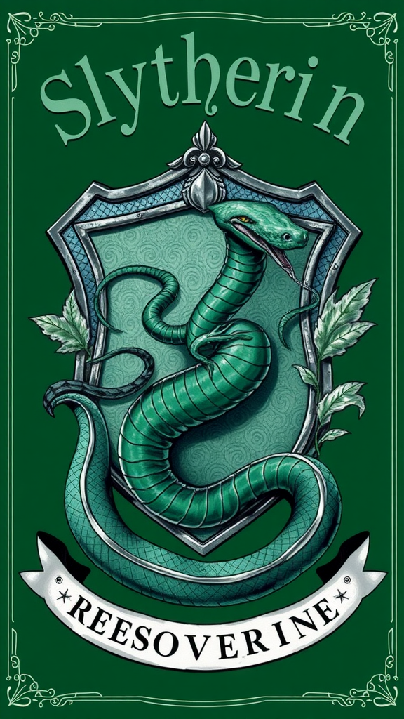 Slytherin House emblem featuring a serpent on a green background