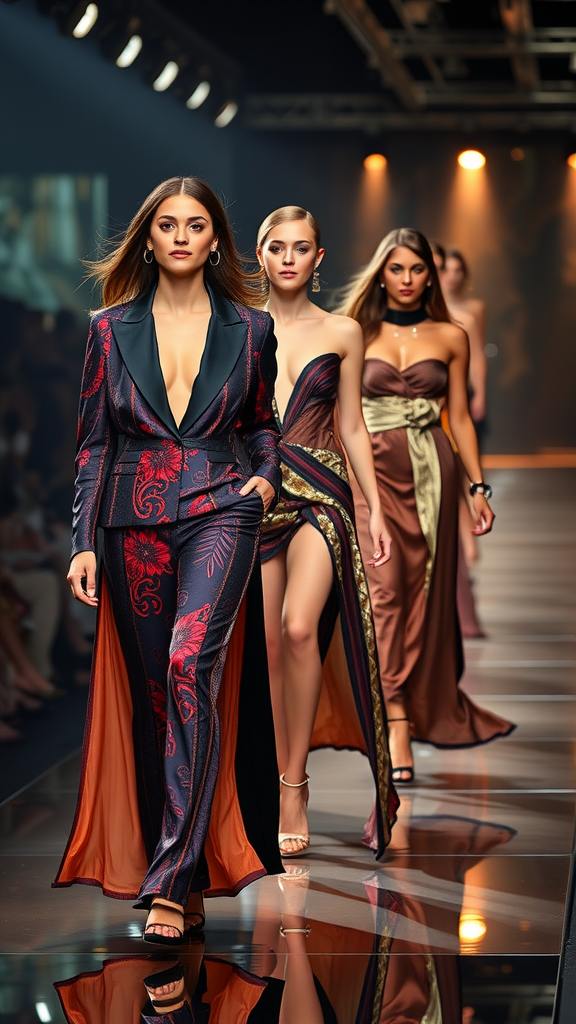 Models walking the runway in high fashion outfits during a fashion show.