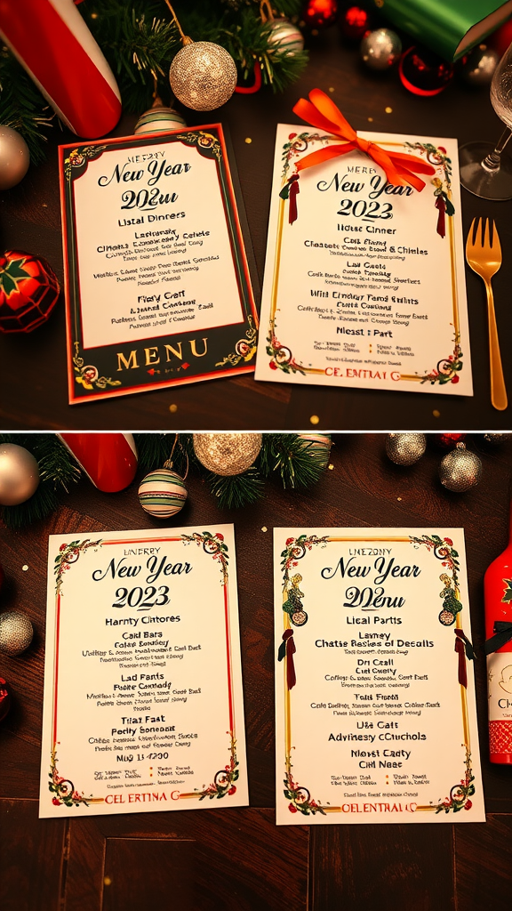 A display of themed menu layouts for New Year celebrations for the years 2022 and 2023, showcasing festive designs and delicious offerings.