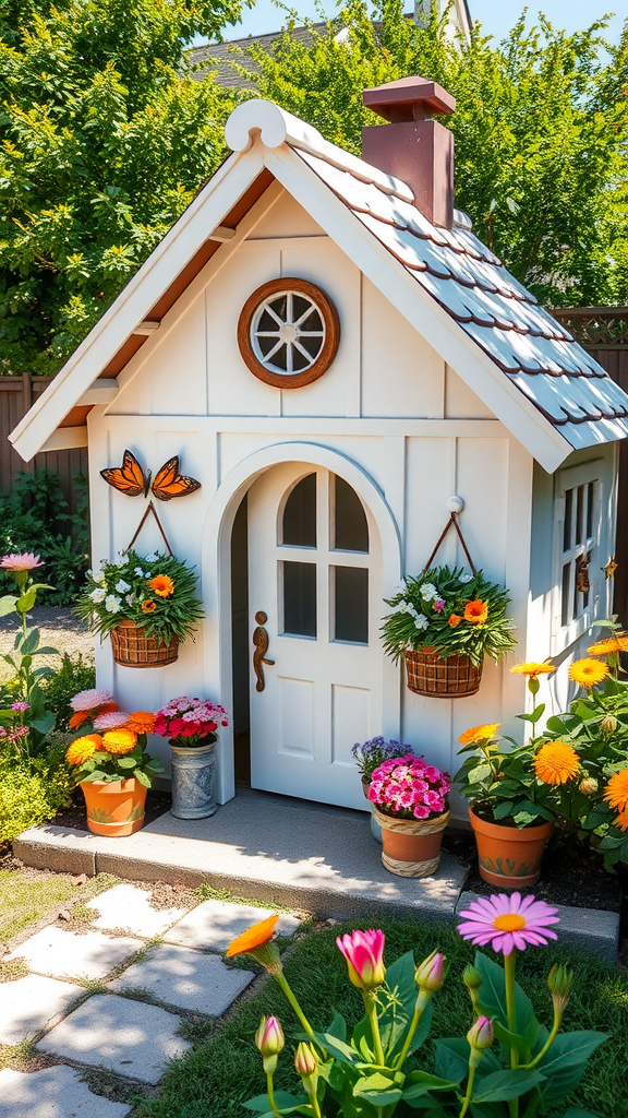 A colorful playhouse surrounded by flowers in a garden.