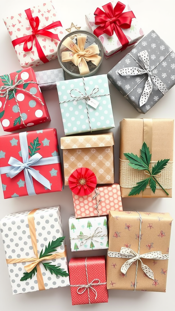A collection of beautifully wrapped gifts in various colors and designs.