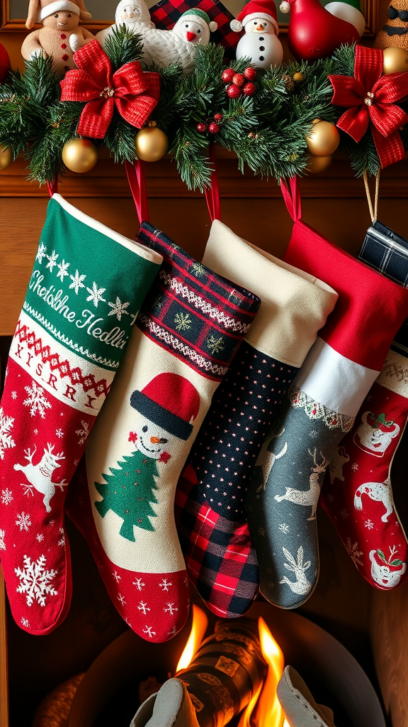 A collection of colorful Christmas stockings hanging by a fireplace, adorned with festive decorations.