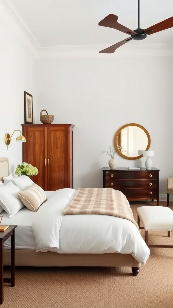 A cozy bedroom featuring classic furniture with a warm color palette.