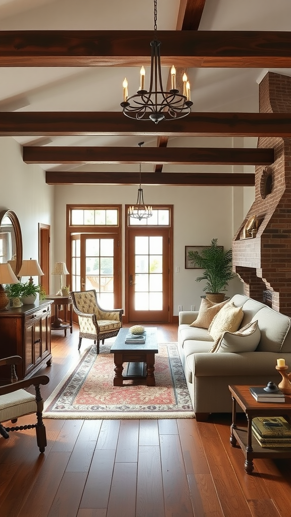 Cozy living room featuring wooden beams, comfortable seating, and a warm atmosphere.