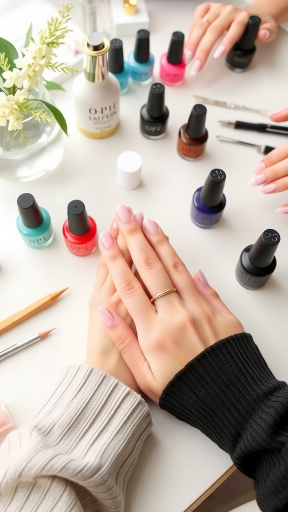 A neatly arranged manicure setup with OPI nail polishes, tools, and well-groomed hands.