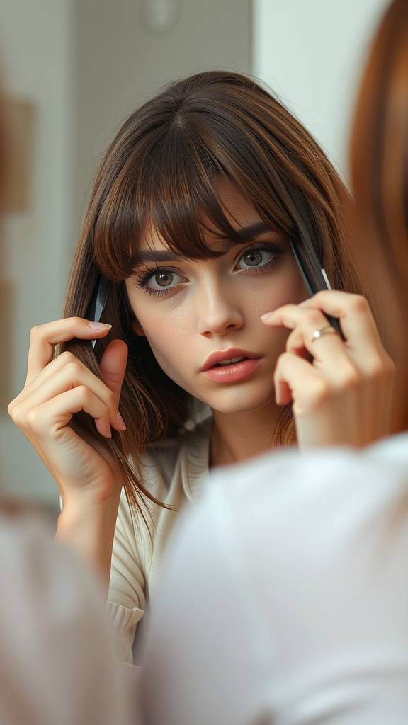 A woman examining her hair with a focused expression, preparing to cut her bangs.