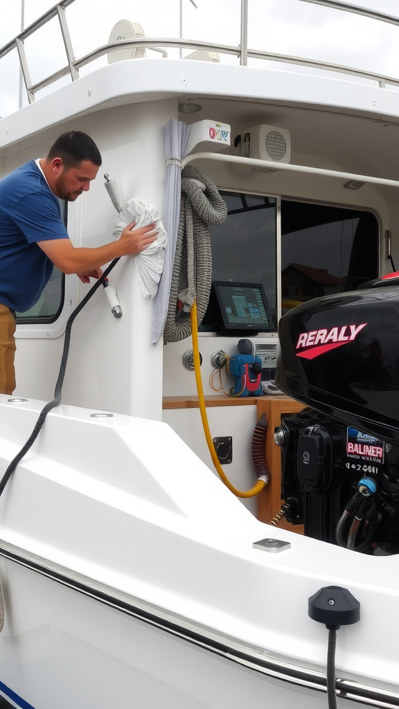 A person cleaning the exterior of a houseboat with a cloth and hose.