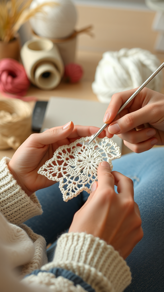 A close-up of two hands working on a delicate hairpin lace stitch, with yarn and crochet hooks nearby.