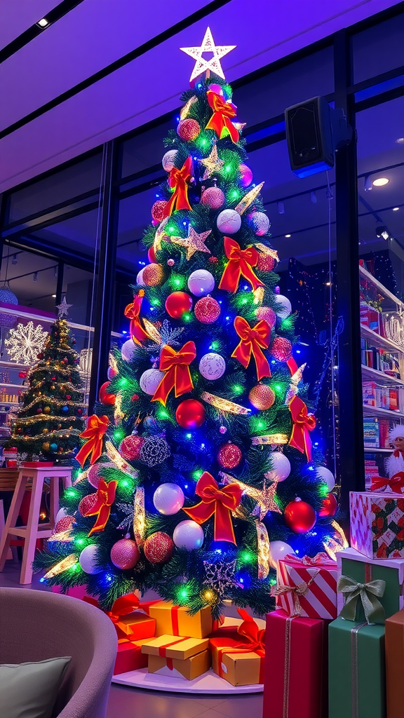 A brightly decorated Christmas tree with colorful lights, ornaments, and presents underneath.