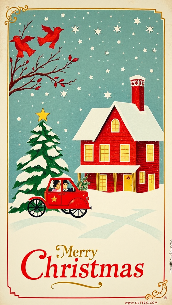 A festive Christmas scene with a red house, tree, snowy landscape, and a red car carrying a couple.