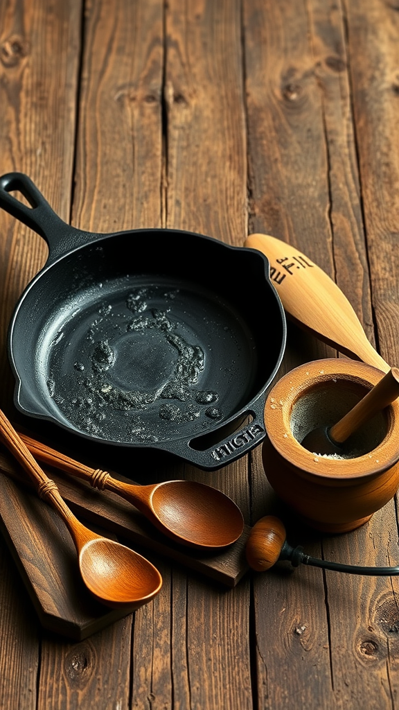A collection of traditional cooking implements including a cast iron skillet, wooden spoons, and a clay mortar and pestle on a rustic wooden table.