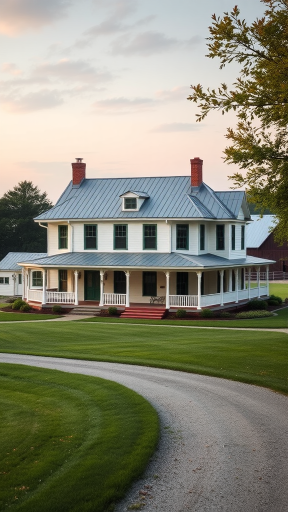 A traditional family farmhouse with a spacious porch and green lawn.