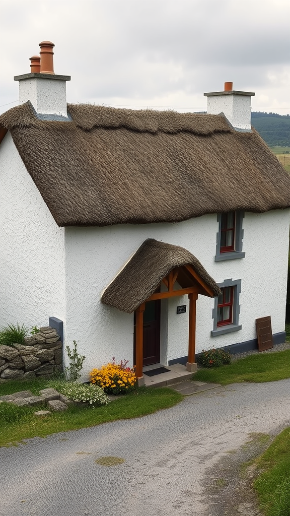 A traditional Irish cottage with a thatched roof and colorful flowers in front.