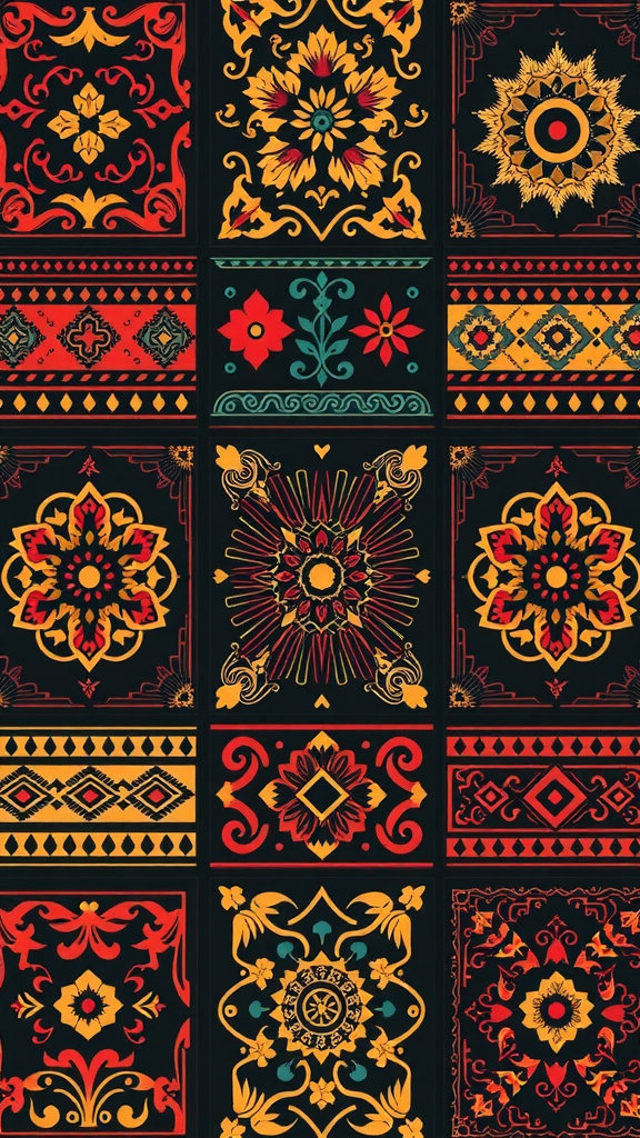 A vibrant display of traditional patterns featuring intricate designs in red, yellow, green, and black.