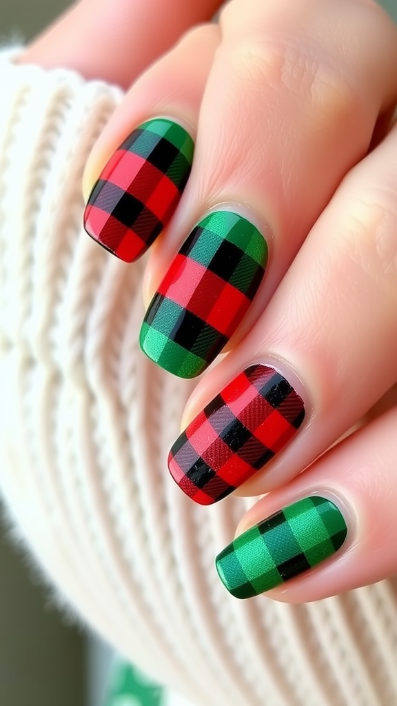 Close-up of stylish nails with a traditional plaid pattern in red, black, and green.