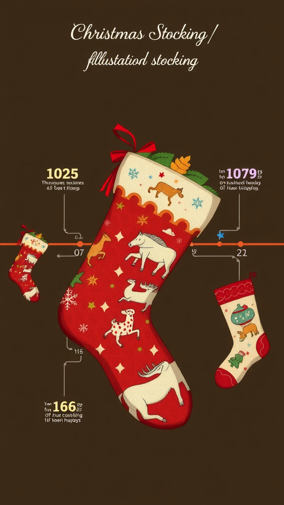 Illustration of colorful Christmas stockings with festive designs and measurements