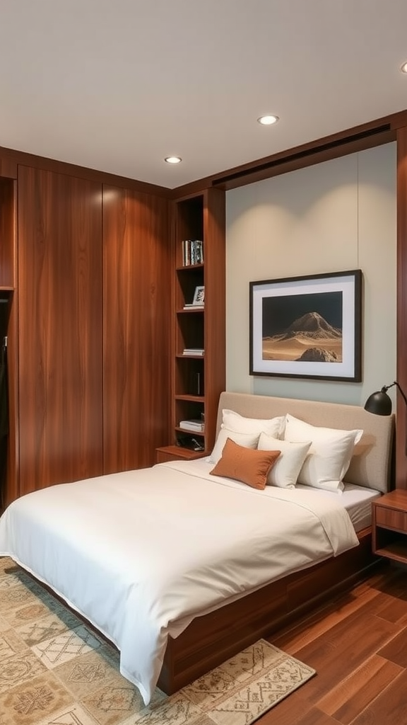 Cozy room with a Murphy bed seamlessly integrated into the wall, showcasing a warm atmosphere with wooden finishes.