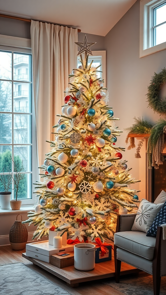 A beautifully decorated Christmas tree with colorful ornaments and warm lights in a cozy living room setting.