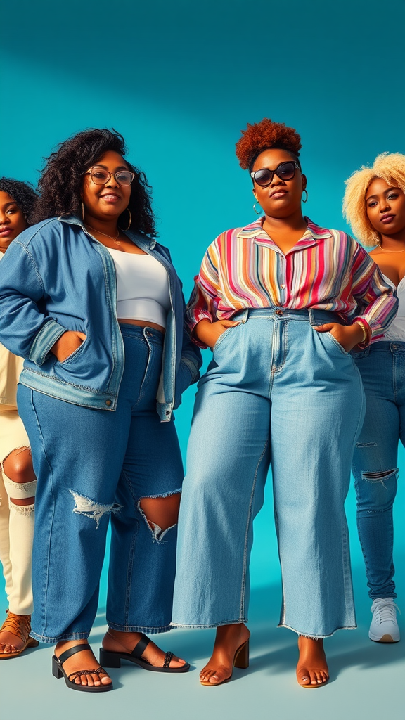 A group of plus-size women in stylish denim outfits against a bright blue background.