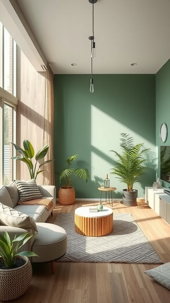 A bright living room featuring a green wall, natural light, and various indoor plants.