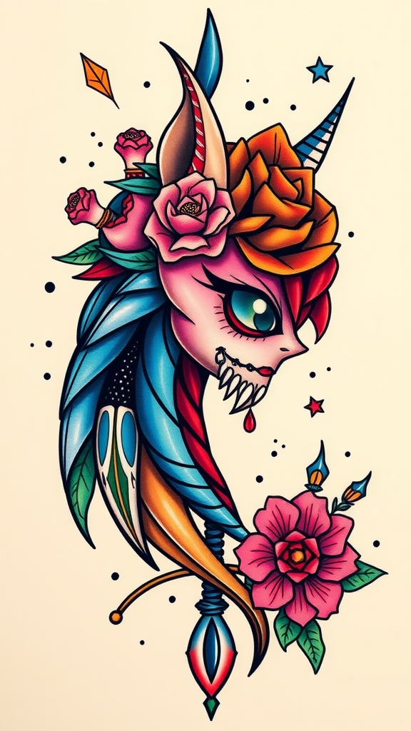 Colorful and whimsical tattoo design featuring a creature with flowers and vibrant details.