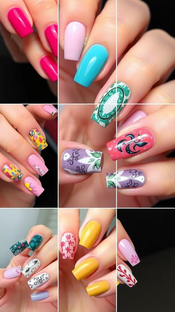 A collage of various trendy shellac nail designs featuring bright colors and playful patterns.