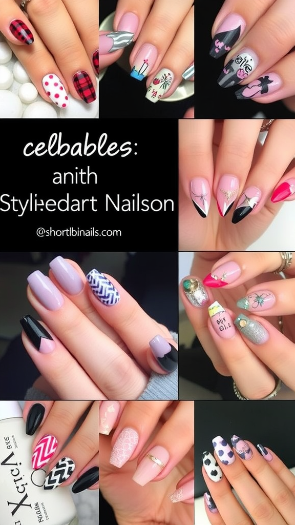A collage of trendy shellac nail designs for short nails, featuring various colors, patterns, and styles.