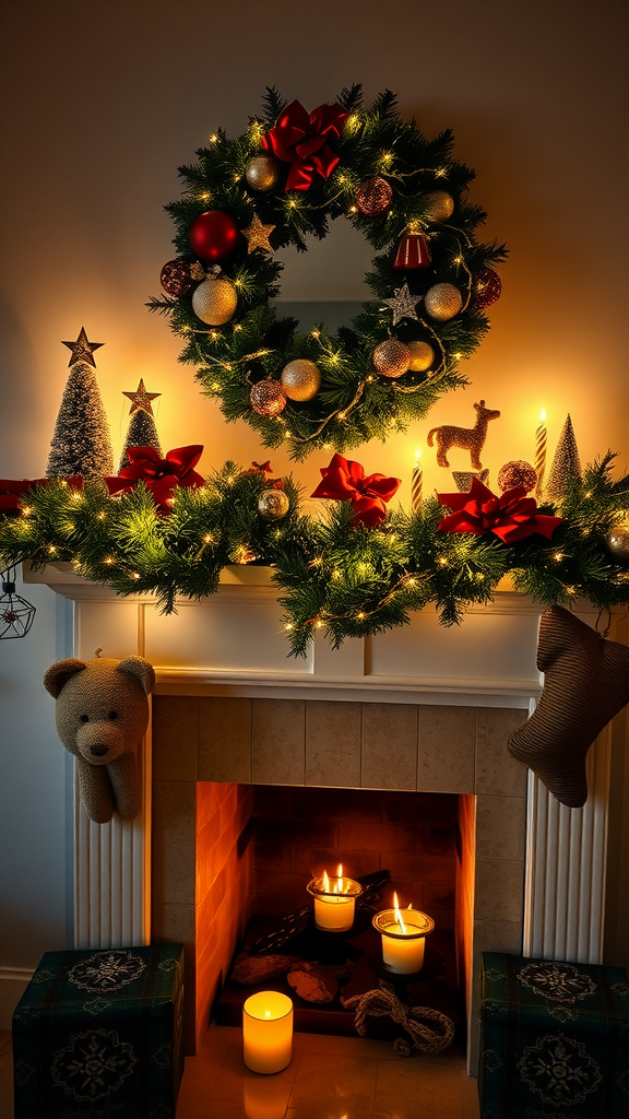 A beautifully decorated mantel with a wreath, candles, and twinkling lights.