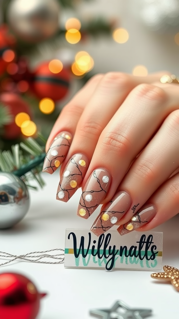 Nail art featuring twinkling fairy lights design with festive decorations in the background.