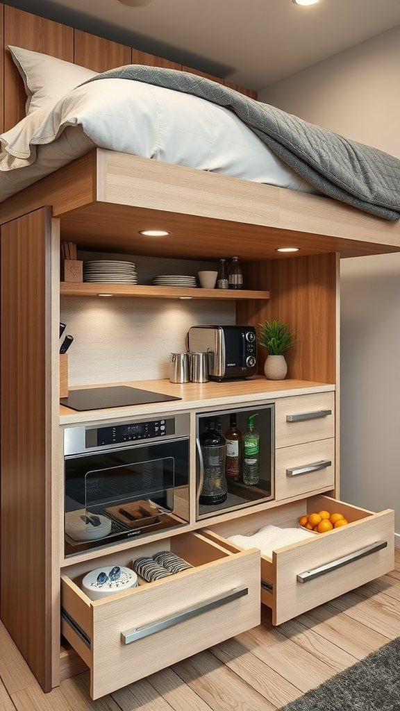 Under-the-bed kitchenette featuring a microwave, stovetop, cabinets, and storage drawers