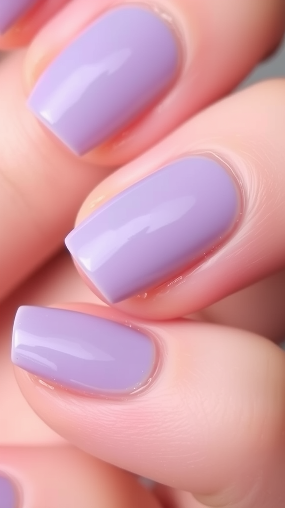 Close-up of short BIAB nails in a soft lavender color.