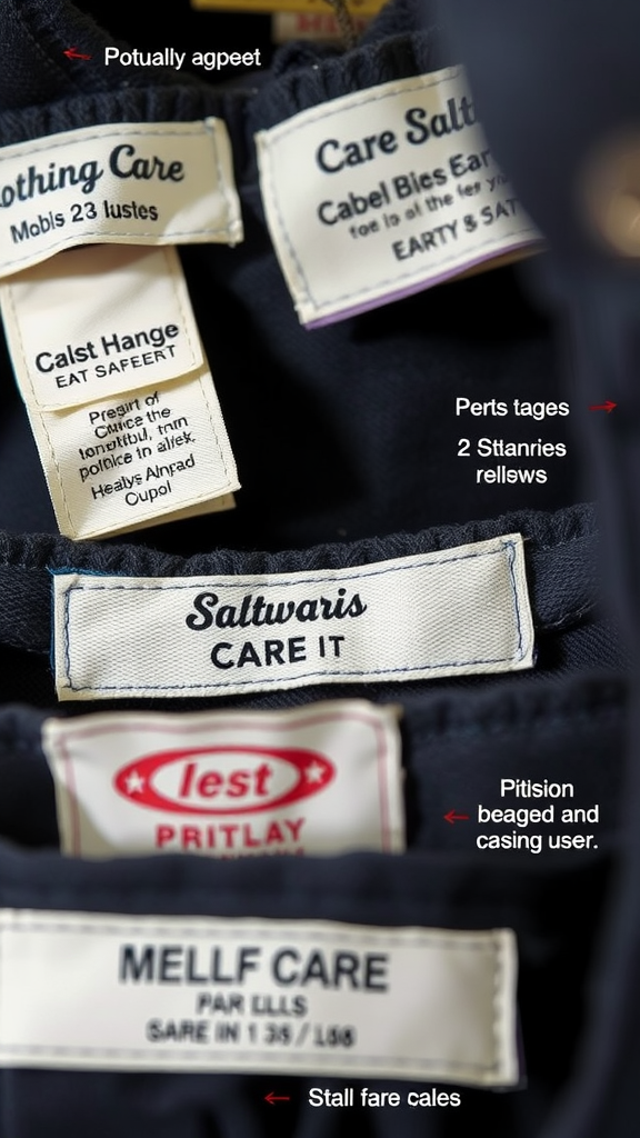 Close-up of clothing care labels showing various care instructions.