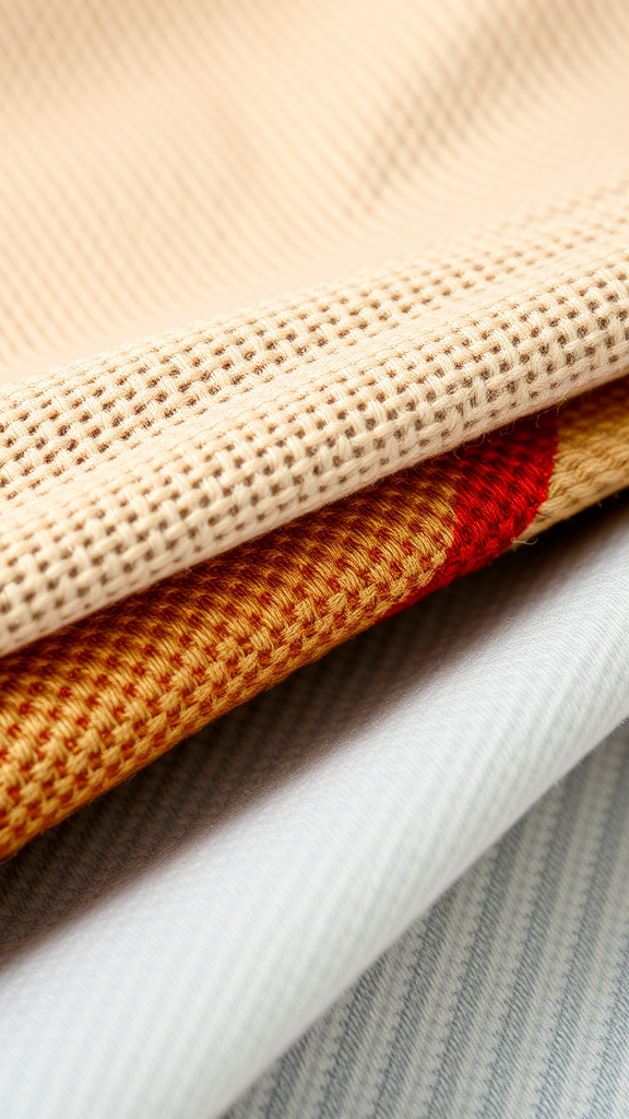 A close-up view of various fabrics in different textures and colors, showcasing their diversity.