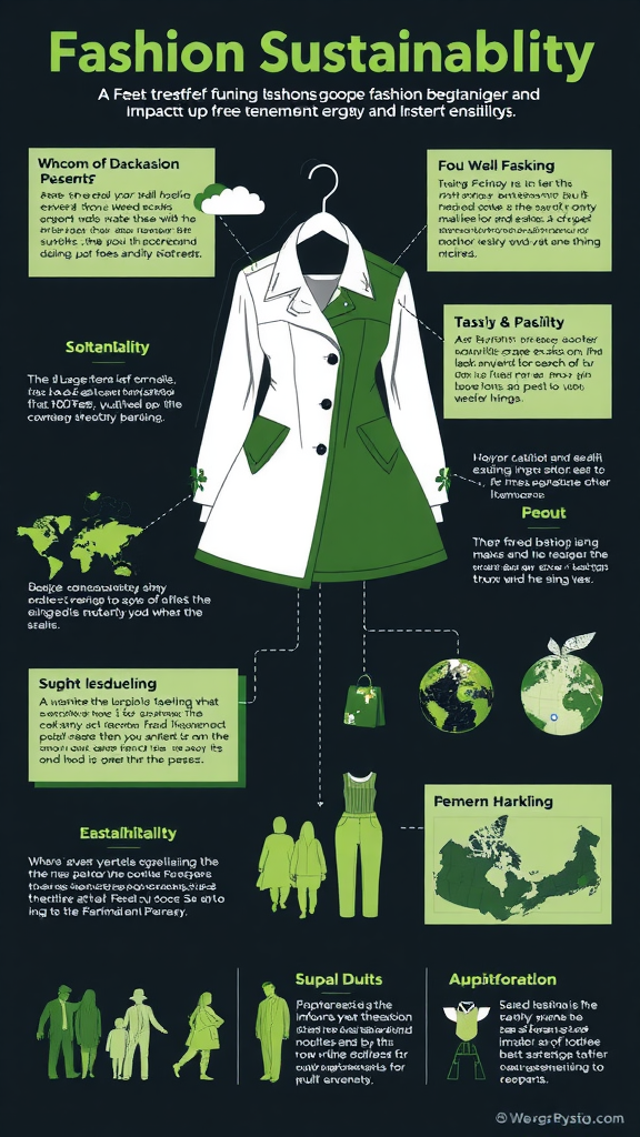Infographic on fashion sustainability featuring various concepts and playful illustrations.