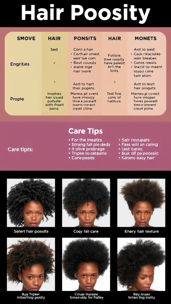 Infographic showing different hair porosity types and care tips.