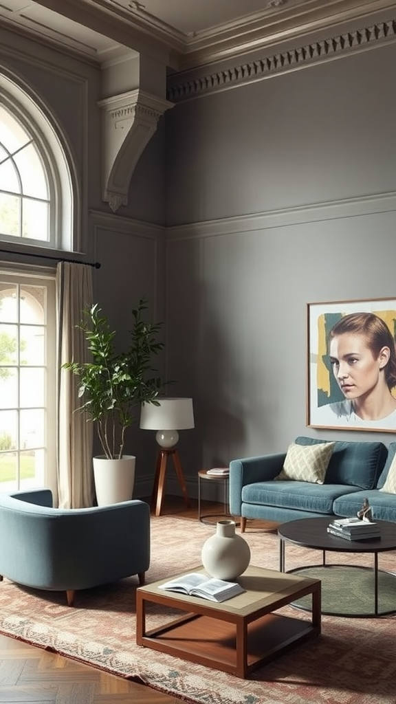 A stylish living room with blue furniture, large windows, and art on the wall.