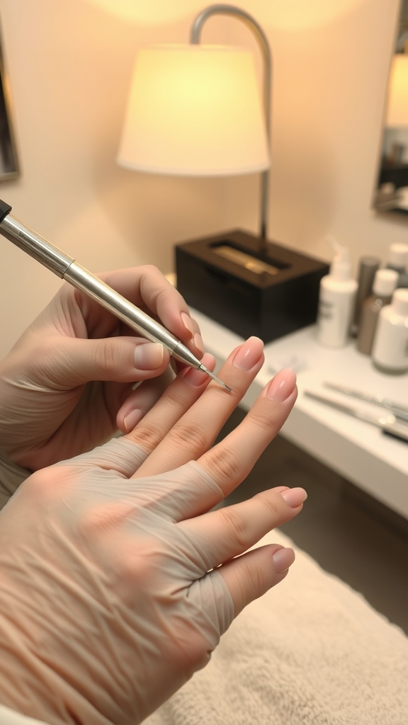 A nail technician applying Shellac nails with a tool, showcasing a serene salon environment.