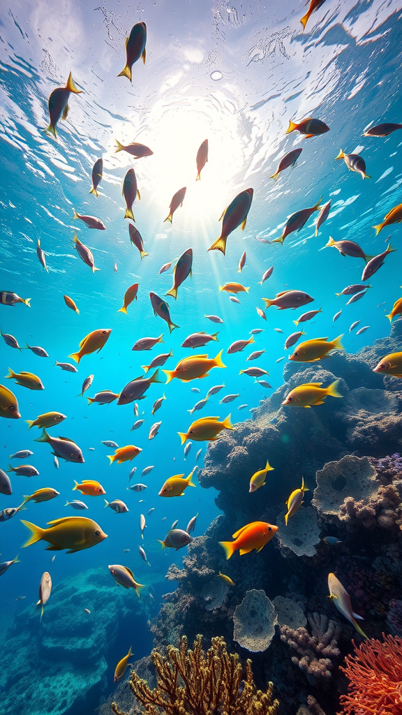 A vibrant underwater scene showcasing schools of fish swimming near coral reefs, illuminated by sunlight.