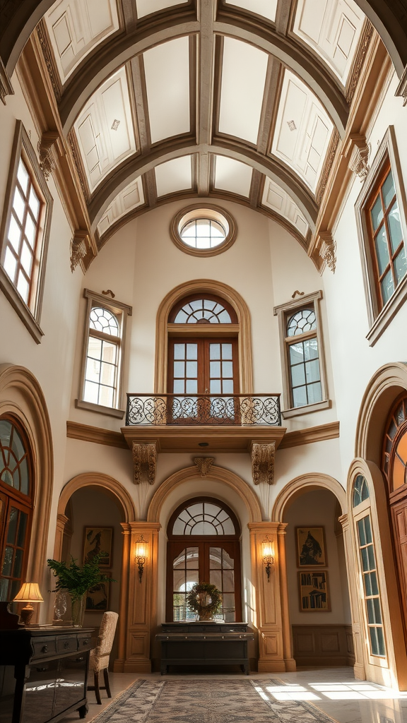 Interior view showcasing high ceilings, elegant moldings, and warm lighting.